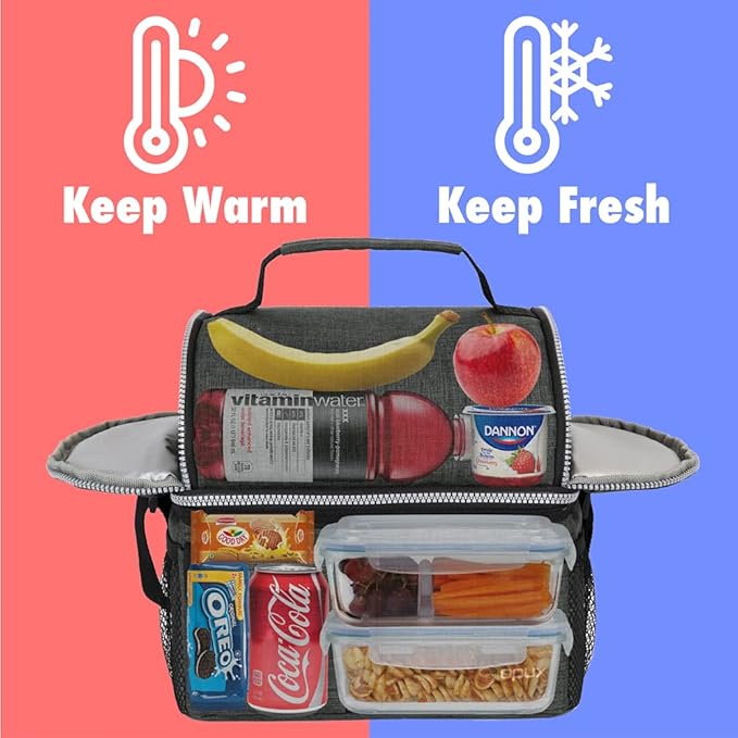 OPUX Lunch Box for Men, Adult Lunch Box Cooler, Insulated Lunch Bag Women, Dual Compartment Lunchbox for Work, Leakproof Double Decker Lunch Bag, Soft Lunch Pail Tote Boys Girls Kids School, Dark Gray