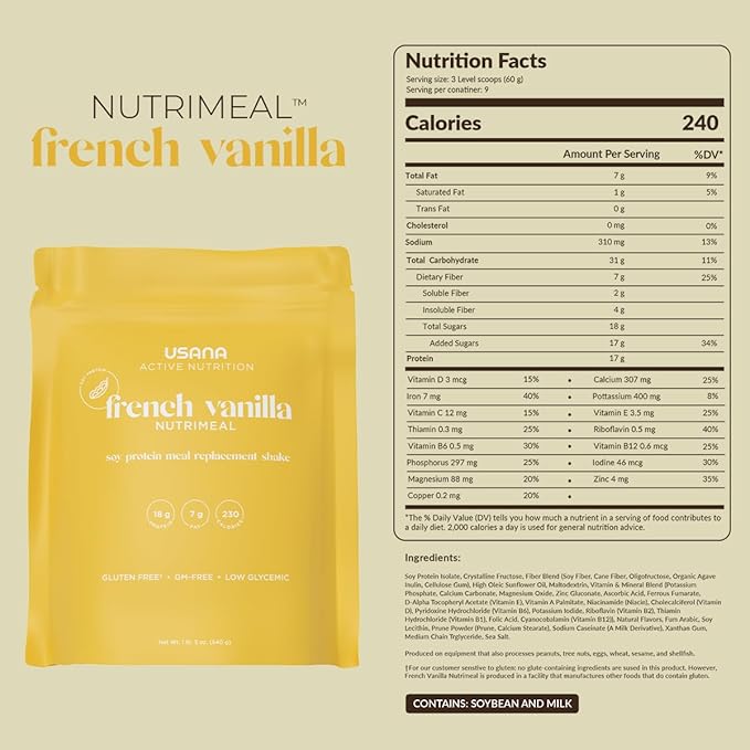 USANA Nutrimeal Meal Replacement Shake - French Vanilla - NON-GMO - Gluten Free - Low Glycemic - 540 Grams - 9 Servings