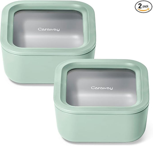 Caraway 2pc Glass Food Storage Set - 4.4 Cup Food Containers (2) - Ceramic Coated - Non Toxic, Non Stick Lunch with Lids - Dishwasher, Oven, & Microwave Safe - Mist