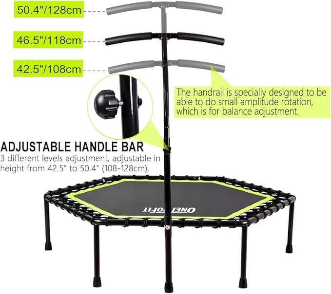 ONETWOFIT 48" Silent Mini Trampoline with Adjustable Handle Bar Fitness Trampoline Bungee Rebounder Jumping Cardio Trainer Workout for Adults