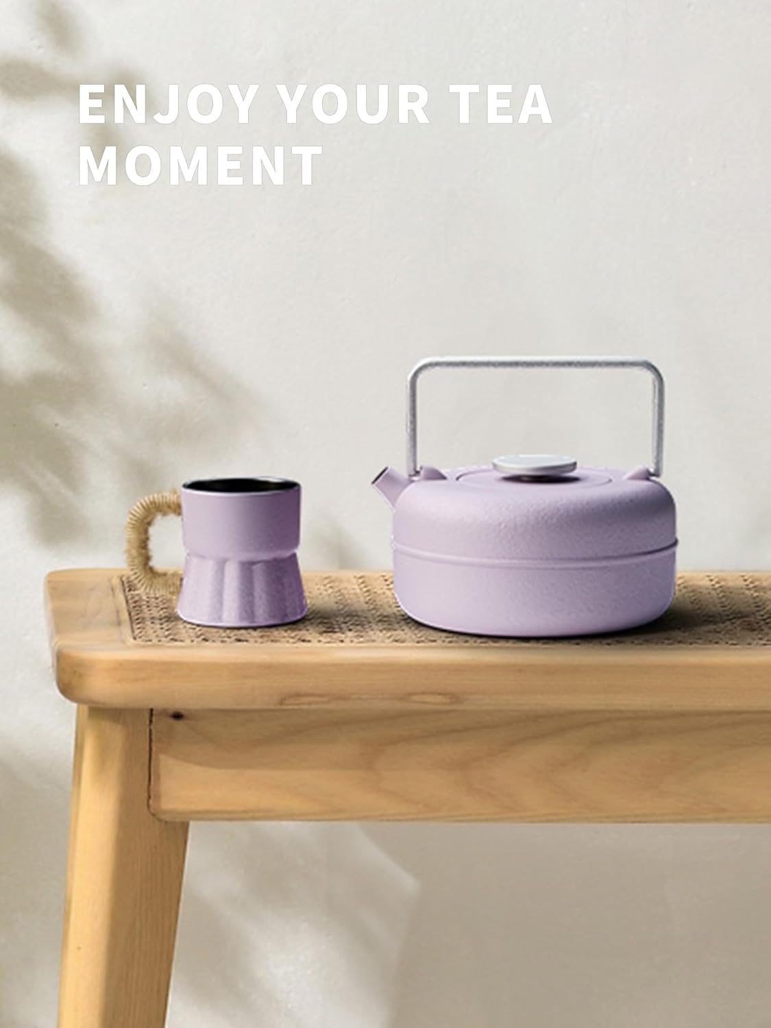 Toptier Teapot with Removable Infuser, Cast Iron Tea Kettle Stovetop Safe, Solid Geometry Cylinder Design Tea Pot Coated with Enameled Interior for 27 Ounce (800 ml), Purple