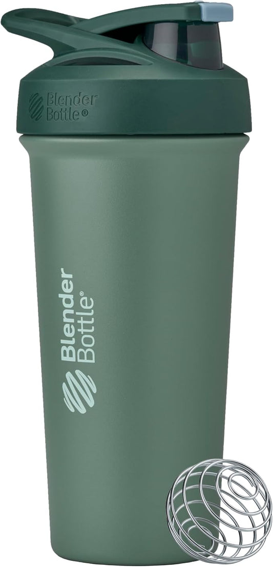 BlenderBottle Strada Sleek Shaker Cup Insulated Stainless Steel Water Bottle with Wire Whisk, 25-Ounce, (Green) Seaglass