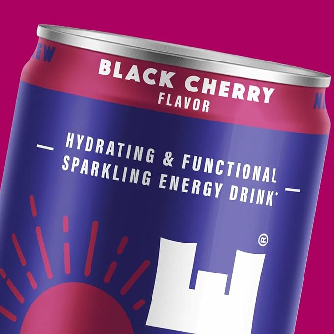 Sunshine Sparkling Energy Drink, Black Cherry with Daily Essential Vitamins, 360mg of Electrolytes, 70mg of Natural Caffeine, 12 Fl Oz (Pack of 24)