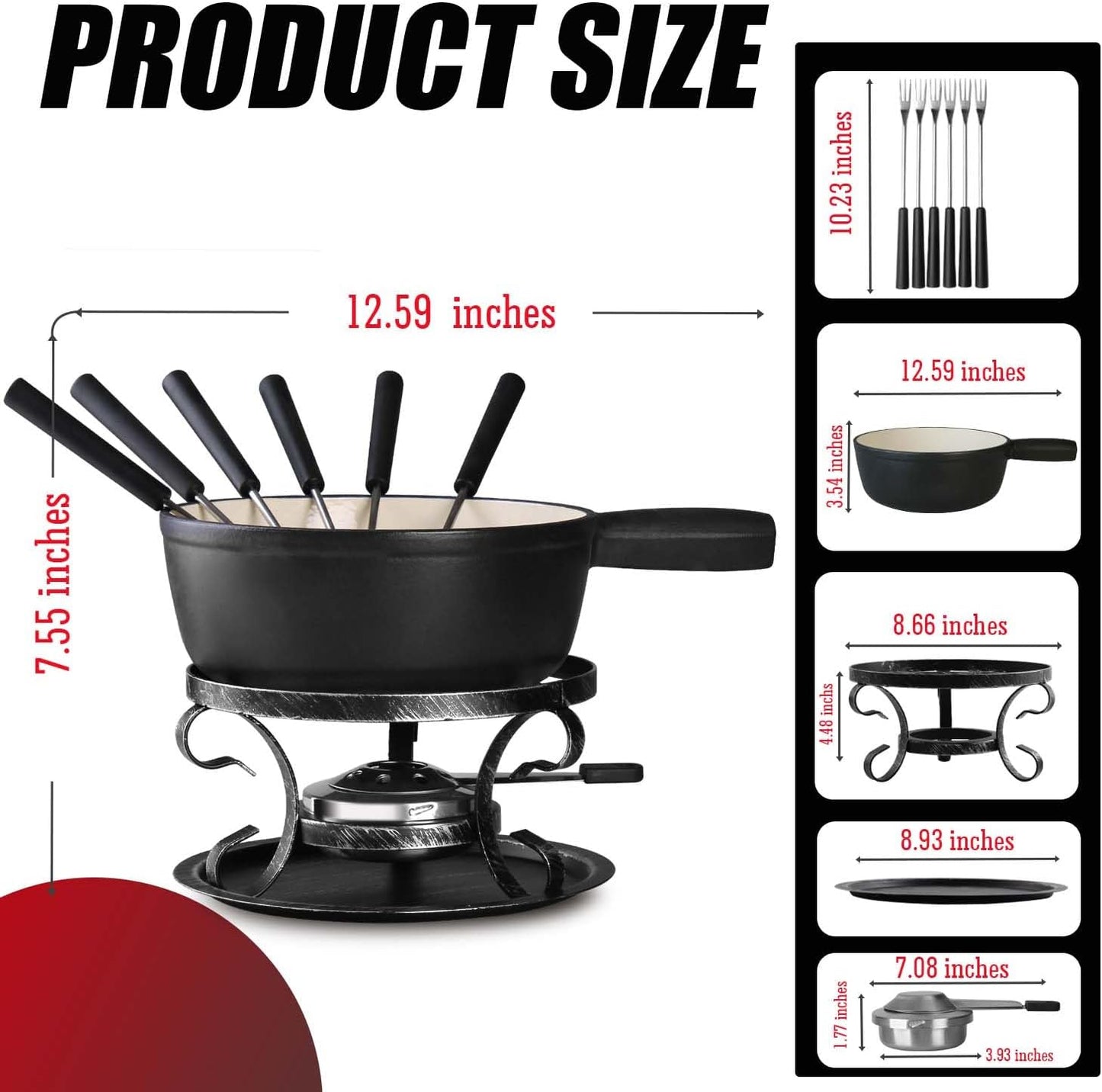 Artestia Cast Iron Fondue Pot Set – Swiss Traditional 2L Cheese & Chocolate Fondue Pot for 4-6 People – Ideal for Melting Cheese, Chocolates, Caramel, & More (Black)