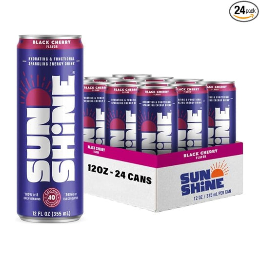 Sunshine Sparkling Energy Drink, Black Cherry with Daily Essential Vitamins, 360mg of Electrolytes, 70mg of Natural Caffeine, 12 Fl Oz (Pack of 24)