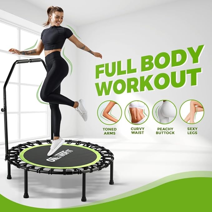 ONETWOFIT Foldable Rebounder Trampoline for Adults, 40/42/45” Mini Fitness Trampoline W/Adjustable Foam Handle Bungees, Quiet Exercise Trampoline for Personal Indoor Workout