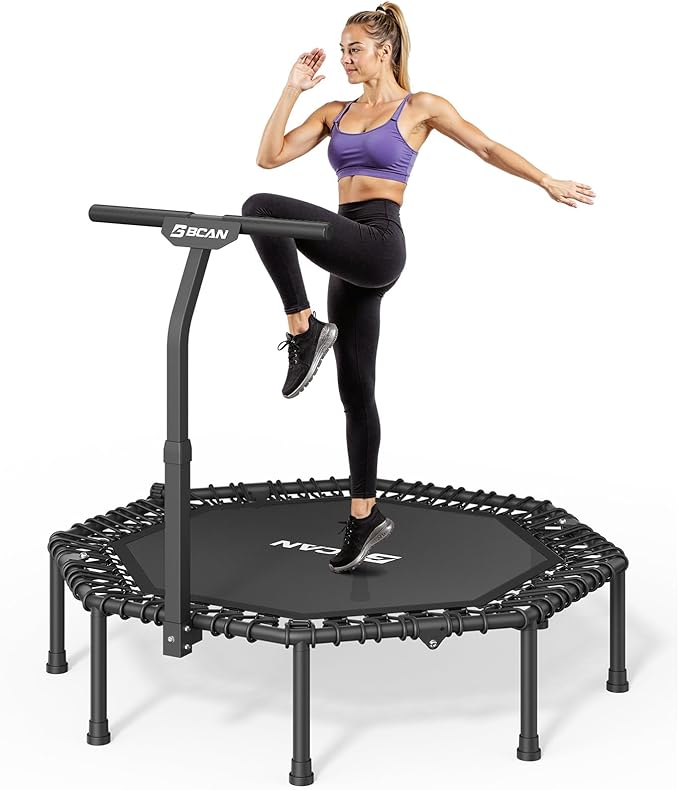 BCAN 51" Octagonal Mini Trampoline, Max Load 450 LBS Fitness Trampoline with T-Adjustable Handle Bar, Silent Bungees, Larger, More Stable, Quieter Exercise Rebounder for Adults Indoor/Garden Workout