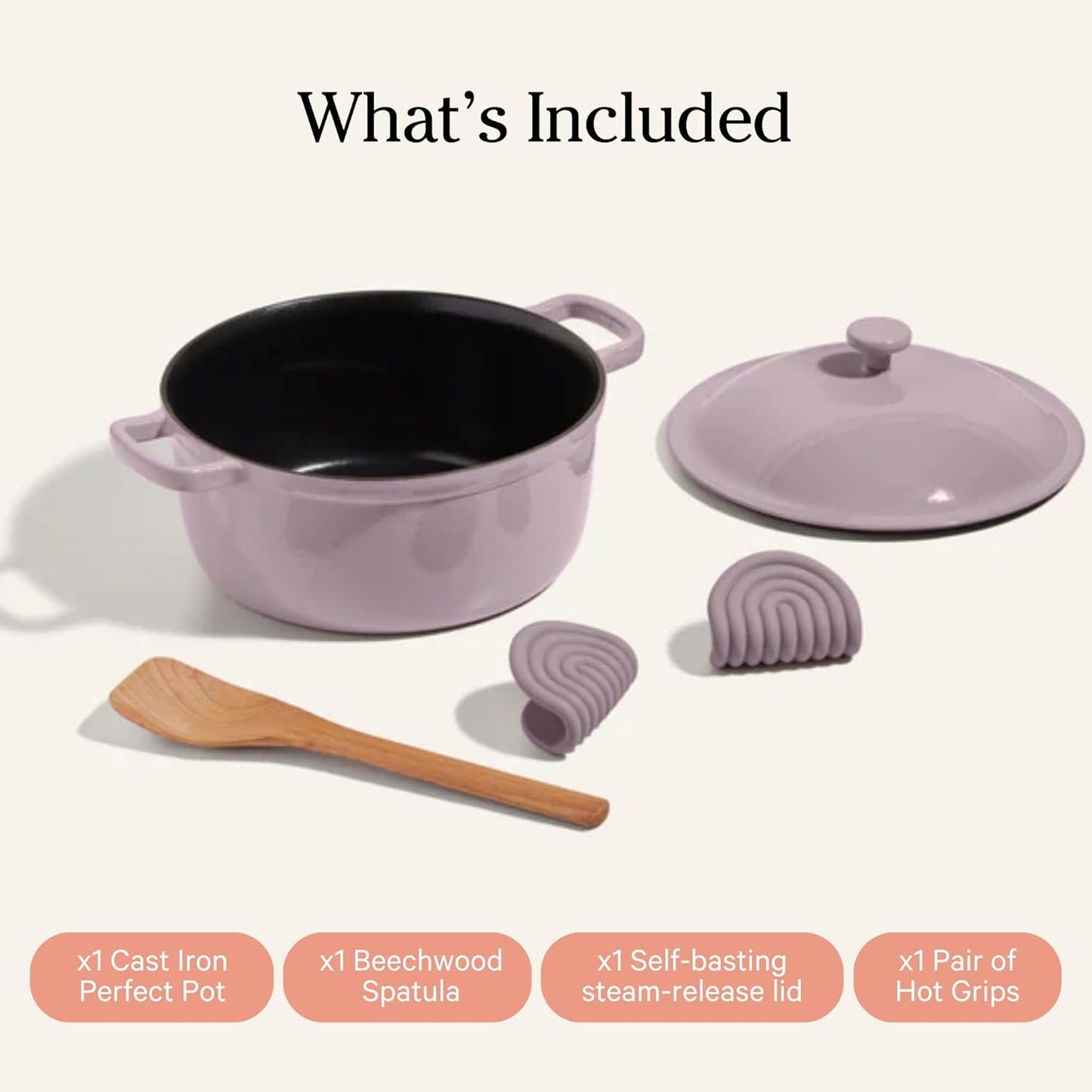 Our Place Cast Iron Perfect Pot | 6-in-1 Multifunctional 5.5 Qt. Toxin-Free Enameled Dutch Oven with Self-Basting Lid | Hot Grips & Beechwood Scraper | Induction Cooktop and Oven Safe | Lavender