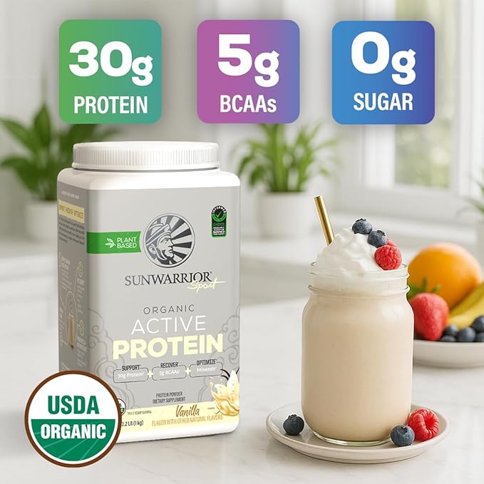 Sunwarrior Organic Plant Based Protein Powder | Vegan Organic Protein Powder with BCAA Amino Acids Plus Recovery Minerals & Botanicals | Non-GMO Soy Dairy & Gluten Free (Vanilla, 20 Servings)