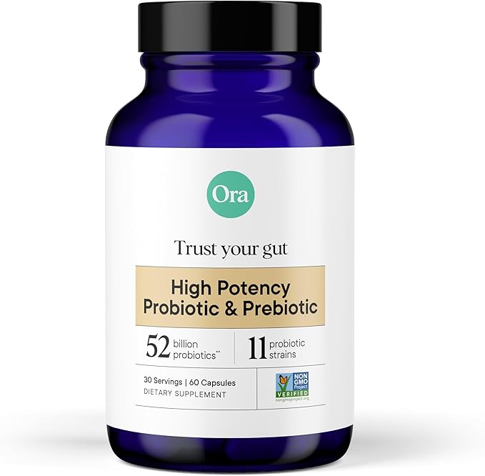 Ora Organic Probiotics with Prebiotics - 52 Billion CFU 11 Clinically Studied Strains for Digestive Health, Trust Your Gut, Gluten Free, 60 Capsules