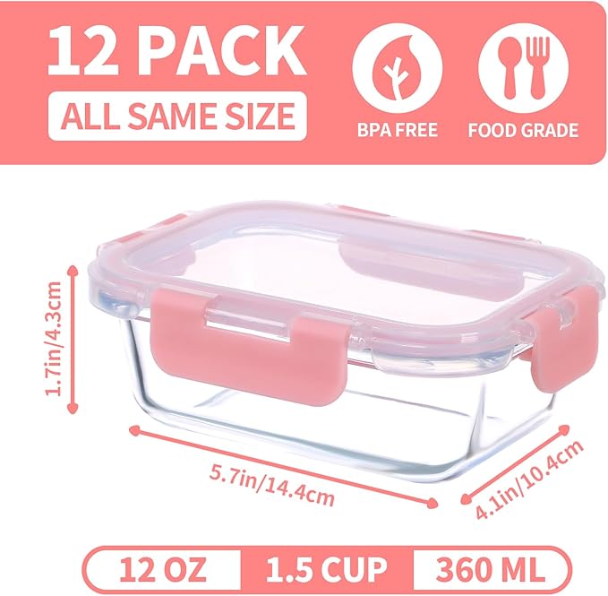 Small Glass Food Storage Containers 12 Pack-12oz Glass Containers with Lids for Meal Prep, Food Storage, Freezer to Microwave Safe, Air-Tight, Leak-Proof, Pink Set