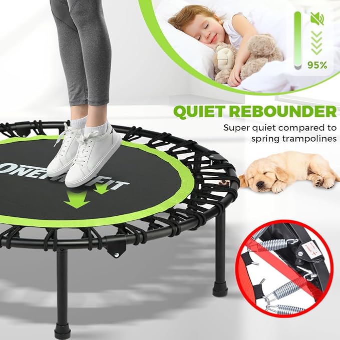 ONETWOFIT Foldable Rebounder Trampoline for Adults, 40/42/45” Mini Fitness Trampoline W/Adjustable Foam Handle Bungees, Quiet Exercise Trampoline for Personal Indoor Workout
