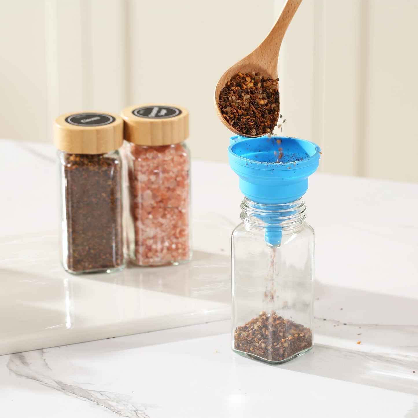 4 oz Glass Spice Jars with Bamboo Lids, Clear Empty Jars with Labels Stickers, Collapsible Funnel, Seasoning Storage Bottles for Spice Racks (36 Pack)