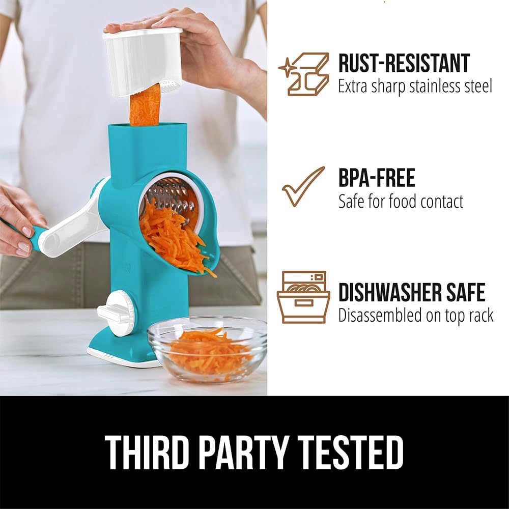 GORILLA GRIP BPA-Free Rotary Cheese Grater Hand Crank, Easy to Set Up, Strong Suction Base for Kitchen Countertop, Shred Potato, Vegetable, Nuts in Seconds, Round Mandoline Slicer, 3 Blades, Turquoise