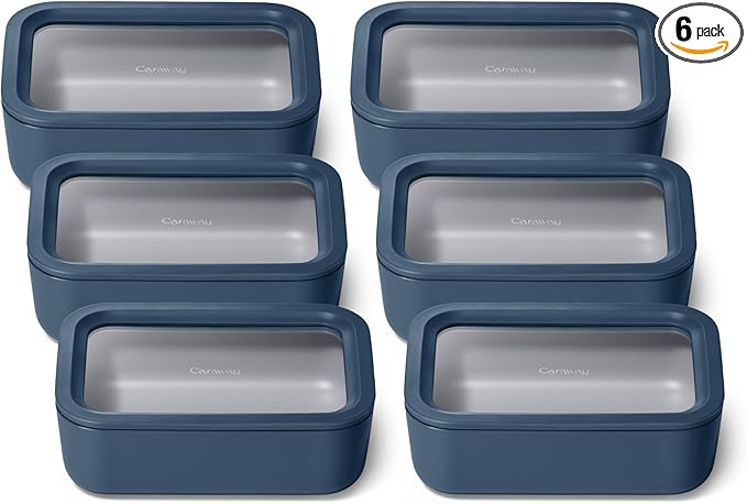 Caraway 6pc Glass Food Storage Set – 6.6 Cup Food Containers (6) - Ceramic Coated - Non Toxic, Non Stick with Lids - Microwave Safe - Navy