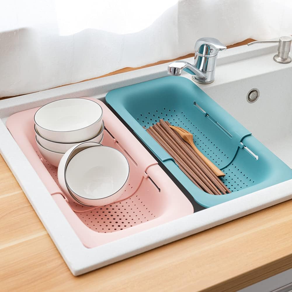 Collapsible Sink Colanders and Strainers Basket Over the Sink Colander Collapsible Colander Extendable Plastic Fruit Vegetable Strainer Drainer Basket for Kitchen(Length 14.3 inch-19.4 inch) (Pink)