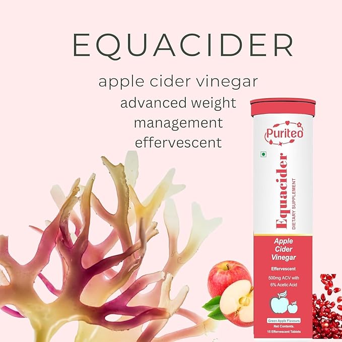 PURITEO-EQUACIDER Apple Cider Vinegar Effervescent Tablets with The Mother, Vegan, No Added Sugar, Non-GMO & Gluten-Free Tablet - (60 Tablets, Pack of 4)