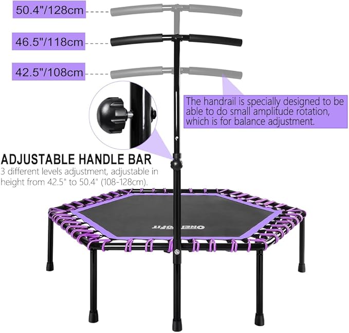 ONETWOFIT 48" Silent Mini Trampoline with Adjustable Handle Bar Fitness Trampoline Bungee Rebounder Jumping Cardio Trainer Workout for Adults