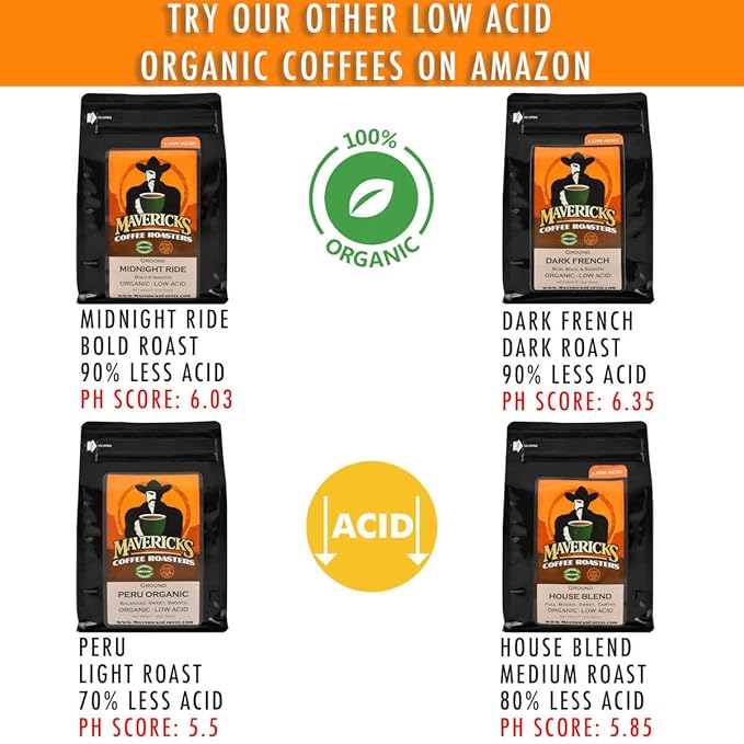 Mavericks Low Acid Coffee - Midnight Ride Blend - Organic and Non-GM0 (Coffee Ground) 16 oz - Bold and Smooth Dark Roast with 90% Less Acid - Safe for GERD and Keto Diets