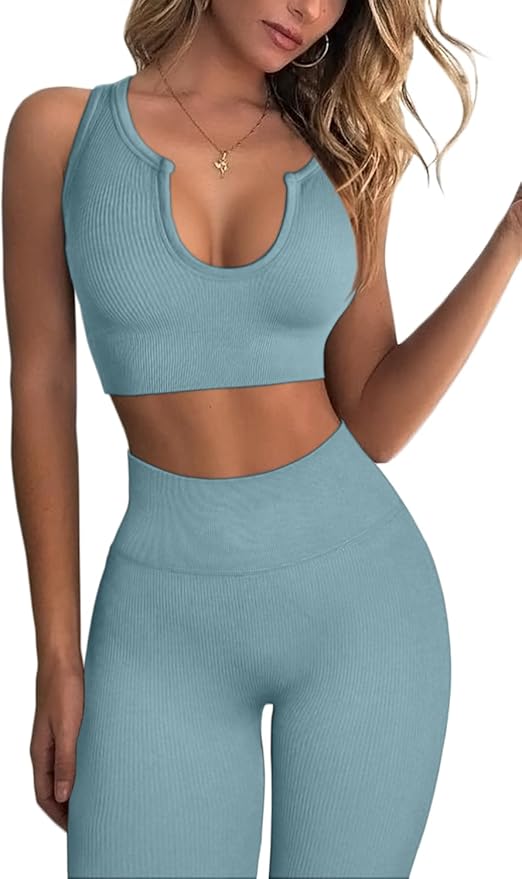 QINSEN Workout Outfits for Women 2 Piece Ribbed Seamless Crop Tank High Waist Yoga Leggings Sets