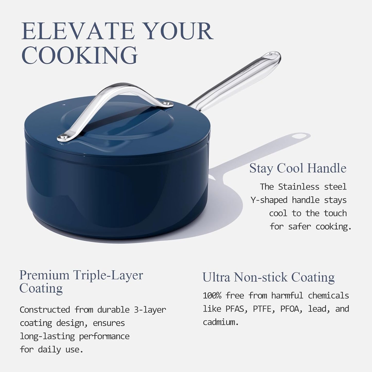 3.5qt Nonstick Ceramic Sauce Pan with Lid (8.19") Even Heat Distribution, Non Toxic & PFAS Free Healthy Cooking Pot for All Stovetops (Induction/Gas/Electric), Oven Safe 500ยฐF, Navy Blue