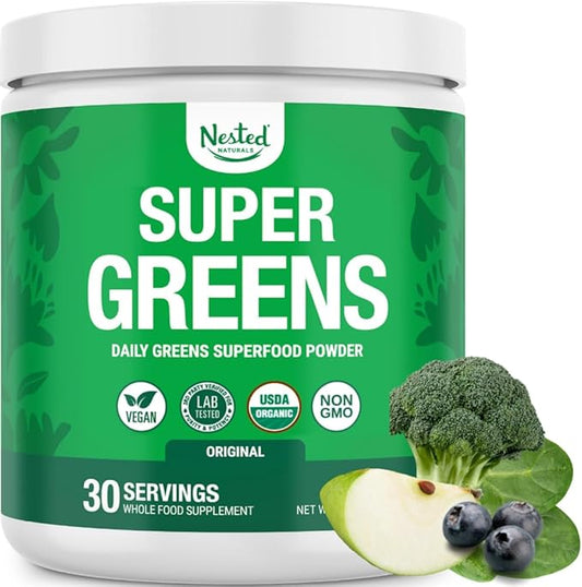 Nested Naturals Super Greens Daily Superfood Powder - Certified USDA Organic Green Powder w/20+ Whole Foods, Spirulina Powder,Wheat & Barley Grass - Probiotics, Fiber & Enzymes - Original Flavour, 30