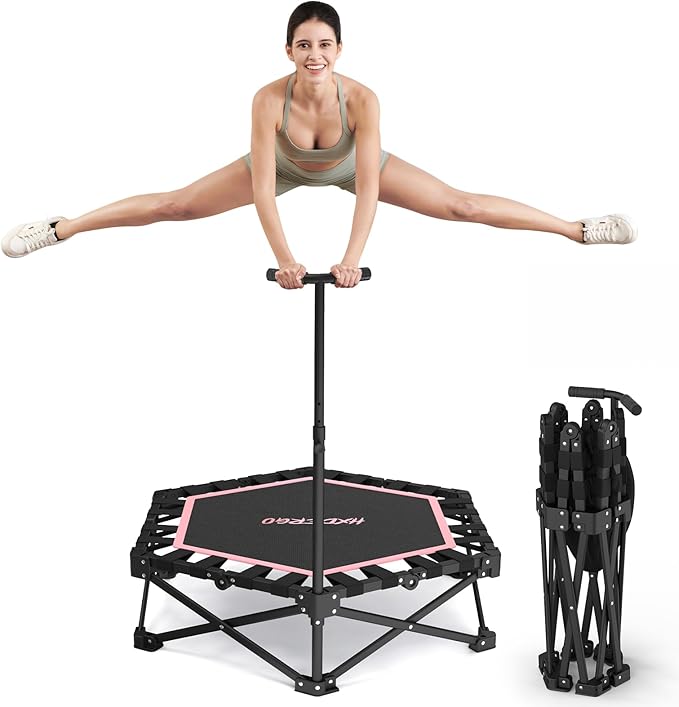Foldable Mini Trampoline, Rebounder Trampoline with Adjustable Foam Handle, Fitness Trampoline for Indoor, Outdoor, Home Gym, Max Load 460 lbs