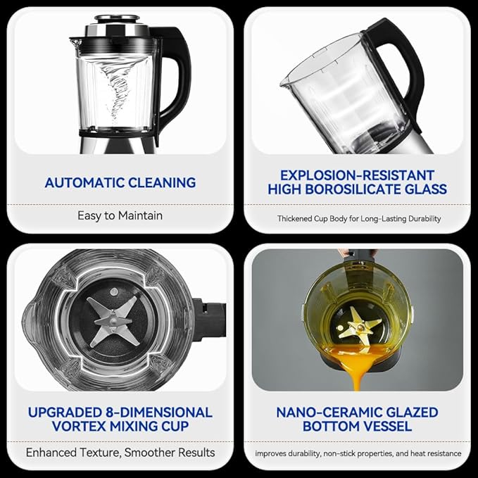 Glass Blenders for Kitchen 59oz, Stainless Steels Professional Blenders 1200W adjustable P1-P9 High Speed, 14 Functions Countertop Blender Smoothie & Food Processor Combo with Heating, Auto Clean