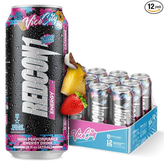 REDCON1 Energy High Performance Drink, Vice City - Zero Sugar Energy Drink with Alpha GPC Nootropic - 200mg of Natural Caffeine from Green Coffee Beans - Vitamin B6, B12 & B5 to Boost Mood (12 ct)