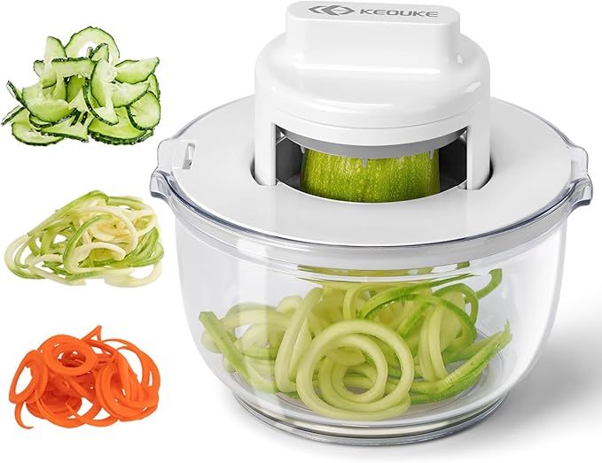 KEOUKE Vegetable Spiralizer & Zucchini Noodle Maker - 3 In 1 Adjustable Spiral Slicer with BPA-Free Plastic & Clear Bowl, Effortless for Cucumber, Potato, Carrot
