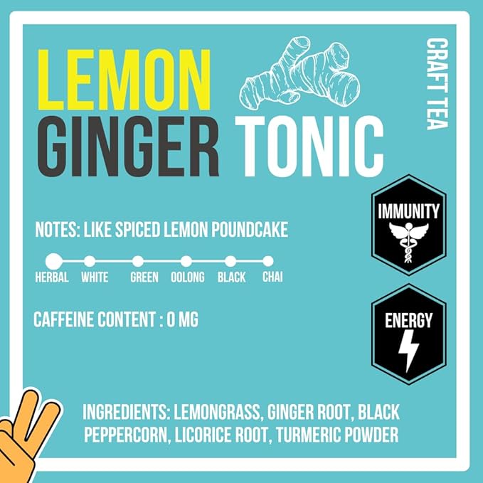 Revival Tea Company Lemon Ginger Tonic - Caffeine Free Herbal Tea Blend with Lemongrass and Ginger - 24 Tea Bags