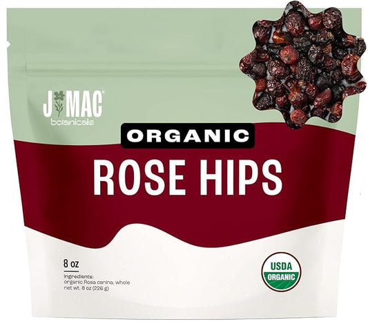 J MAC BOTANICALS Organic Rose Hips (8 oz Bag) Whole, natural organic dried rose hips for herbal tea, rosehips dried organic, rosehip tea, packaged in the USA