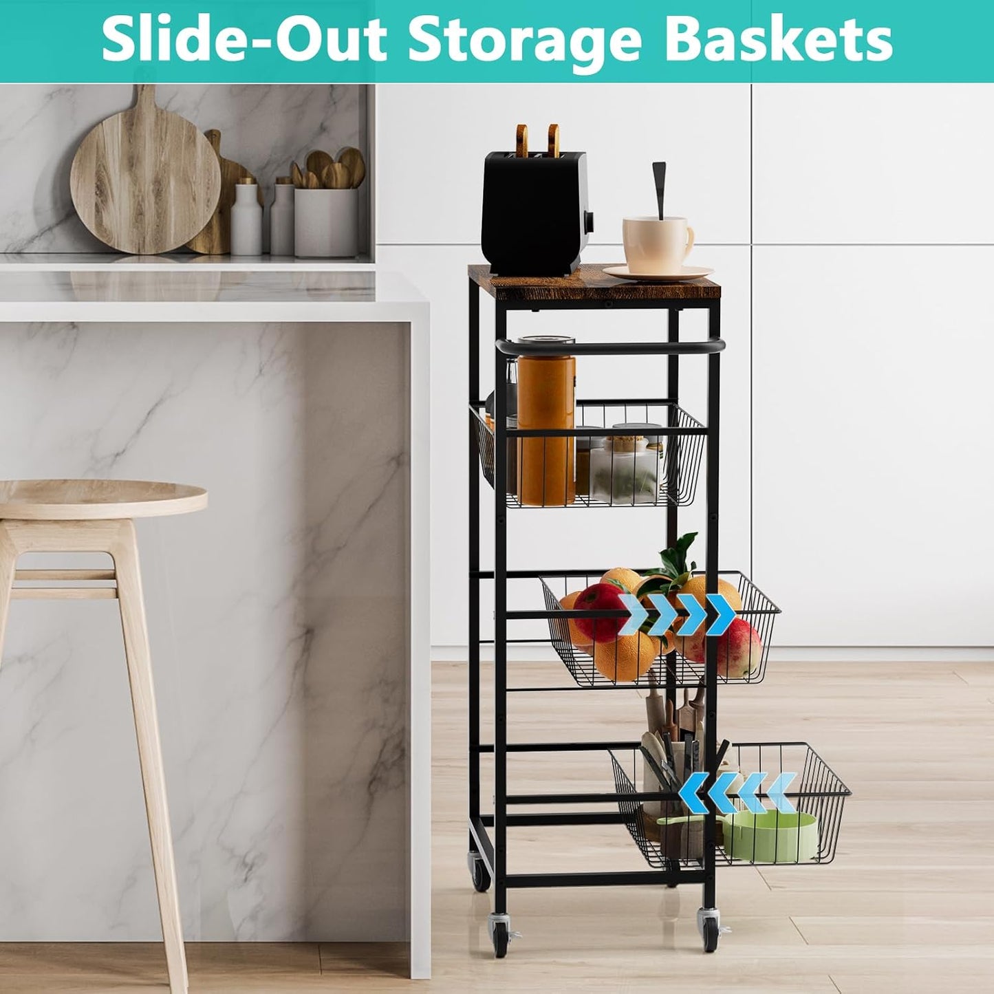 4 Tier Rolling Storage Cart, Kitchen Utility Storage Cart with Pull-Out Fruit Baskets, Mobile Pantry Cart with Wheels, Kitchen, Bathroom, Brown