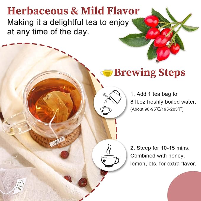 FullChea - Rose Hips Tea Bags, 50 Teabags Rosehip Tea, 3g/bag - Premium Rose Hips - Non-GMO - Caffeine-free - Support Digestion & Boost Immunity