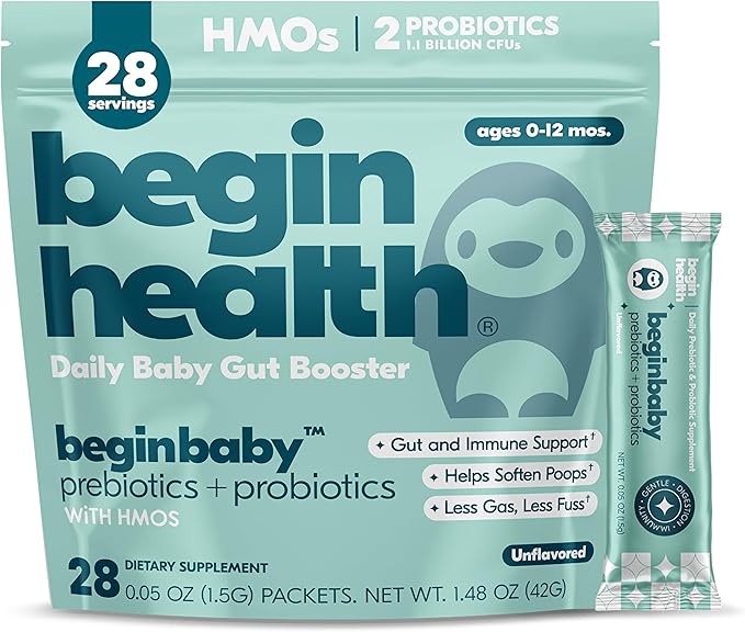 Begin Health BeginBaby Prebiotics and Probiotics for Infants 0-12 Months | Baby Formula Prebiotic + Probiotic Powder with 2'-FL HMO's & B. Infantis for Optimal Digestion | 28-Packs - Unflavored