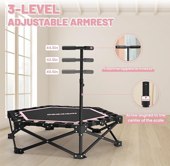 Foldable Mini Trampoline, Rebounder Trampoline with Adjustable Foam Handle, Fitness Trampoline for Indoor, Outdoor, Home Gym, Max Load 460 lbs