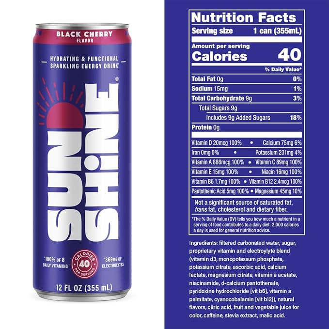 Sunshine Sparkling Energy Drink, Black Cherry with Daily Essential Vitamins, 360mg of Electrolytes, 70mg of Natural Caffeine, 12 Fl Oz (Pack of 12)