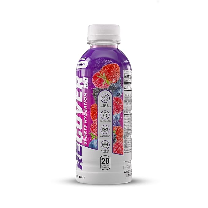RECOVER 180 Organic Sports Hydration Drink, No Sugar Added, 20 Calorie Sports Beverage, Organic Flavors With Vitamins, Potassium-Packed Electrolytes (16.9 Fl Oz (Pack of 12), Super Berry)