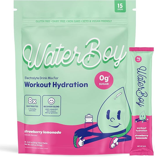Waterboy Workout Hydration | 2,960mg Sugar Free Electrolyte Powder Packets | L-Glutamine + Vitamins | No Sugar, All Natural, Gluten Free | 15 Drink Stick Mixes (Strawberry Lemonade)