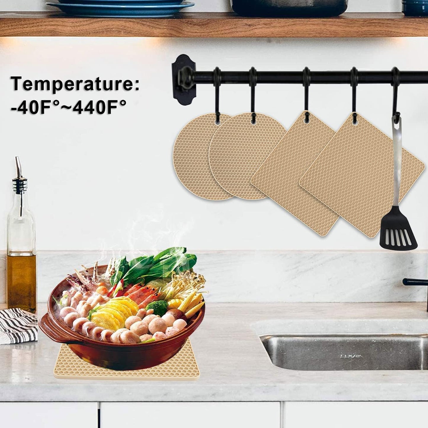 4 Pack Silicone Trivets for Hot Pots and Pans, Pot Holders Hot Pads, Non-Slip & Heat Resistant Silicone Mats for Kitchen Counter, Soft Durable Drying Mat, Jar Opener and Coasters (Beige)