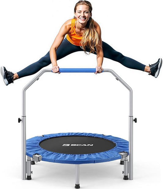 BCAN 40/48" Foldable Mini Trampoline Max Load 330lbs/440lbs, Fitness Rebounder with Adjustable Foam Handle, Exercise Trampoline for Adults Indoor/Garden Workout