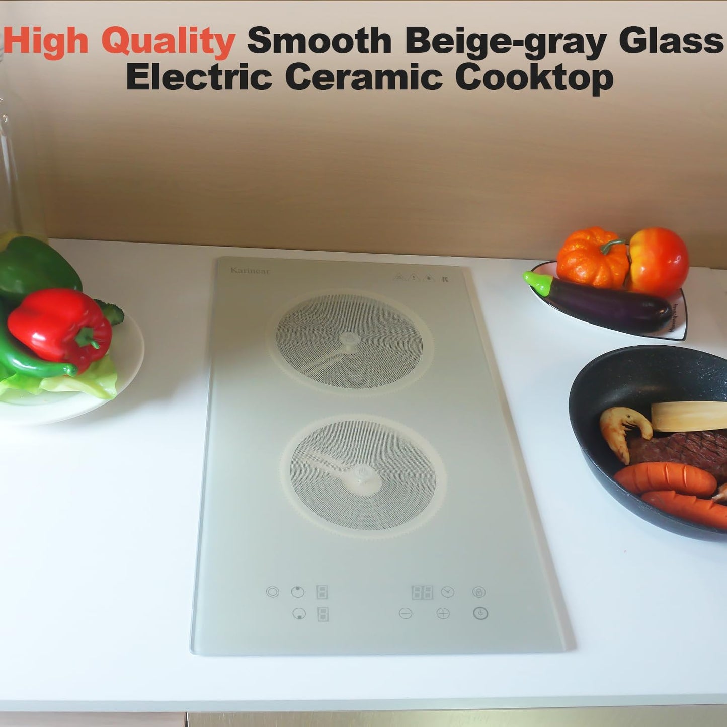 Karinear 2 Burners Electric Cooktop, Beige-gray Glass Electri Cermaic Stove, 12 Inch Built-in Electric Stove Top with Timer, Child Safety Lock, 9 Power Levels, 3200W, 220V-240V Hardwire(no plug)