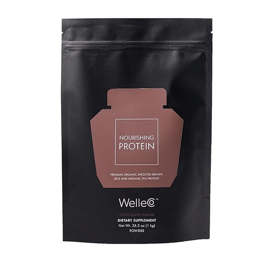 WelleCo Vegan Protein Powder, Gluten Free Premium Organic Sprouted Brown Rice & Pea Protein Blend, 6g Carbs & Dairy Free, for Energy, Muscle Recovery, 16g Protein Per Serving, Chocolate, 35.2oz Pouch