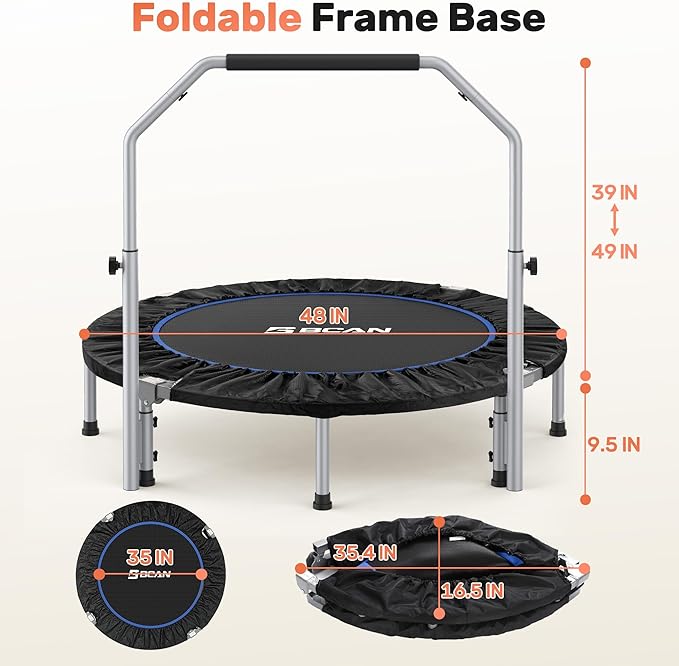 BCAN 40/48" Foldable Mini Trampoline Max Load 330lbs/440lbs, Fitness Rebounder with Adjustable Foam Handle, Exercise Trampoline for Adults Indoor/Garden Workout