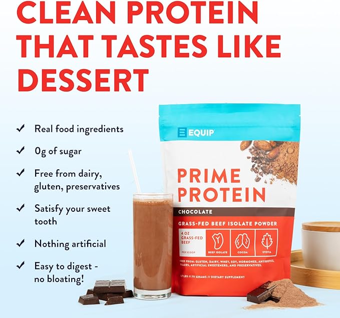 Equip Foods Prime Protein Powder | Clean, Grass Fed Beef Protein Isolate | Carnivore Protein Powder | Paleo, Keto Friendly | Gluten, Dairy Free | Helps Build & Repair Tissue | 30 Servings, Chocolate