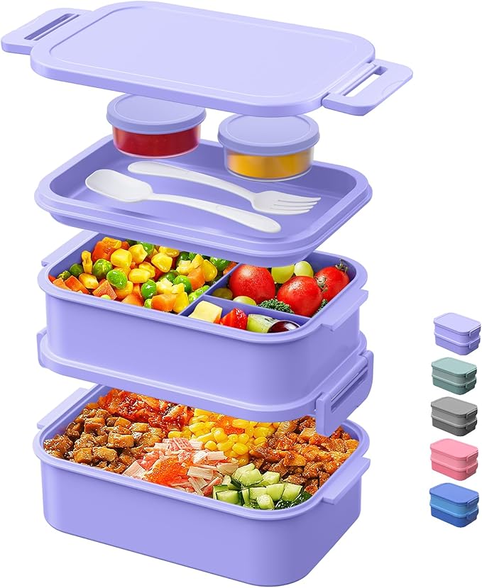 Lunch Box Adults Bento Box - 74 OZ All-in-One Stackable Lunch Box Containers for Adult Large Bento Box with Fork Spoon Sauce Boxes, Leakproof Lunchbox for Work School Dining Out,Macaron-Purple