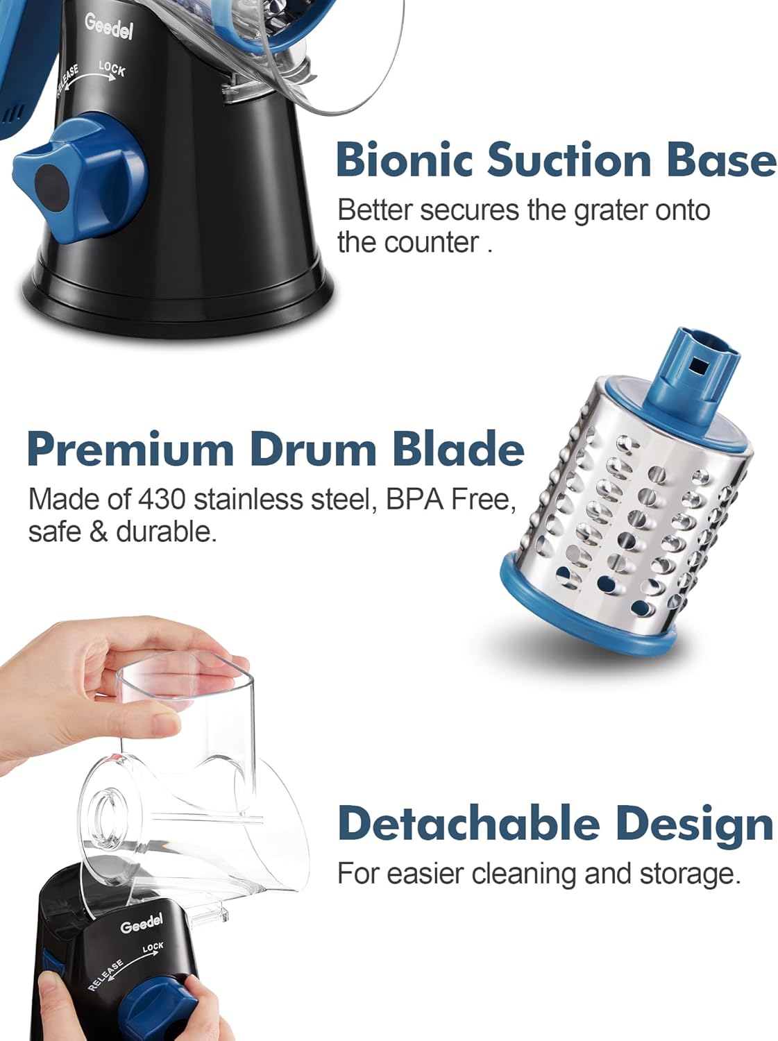 Geedel Rotary Cheese Grater, Kitchen Mandoline Vegetable Slicer with 3 Interchangeable Blades, Easy to Clean Rotary Grater Slicer for Fruit, Vegetables, Nuts