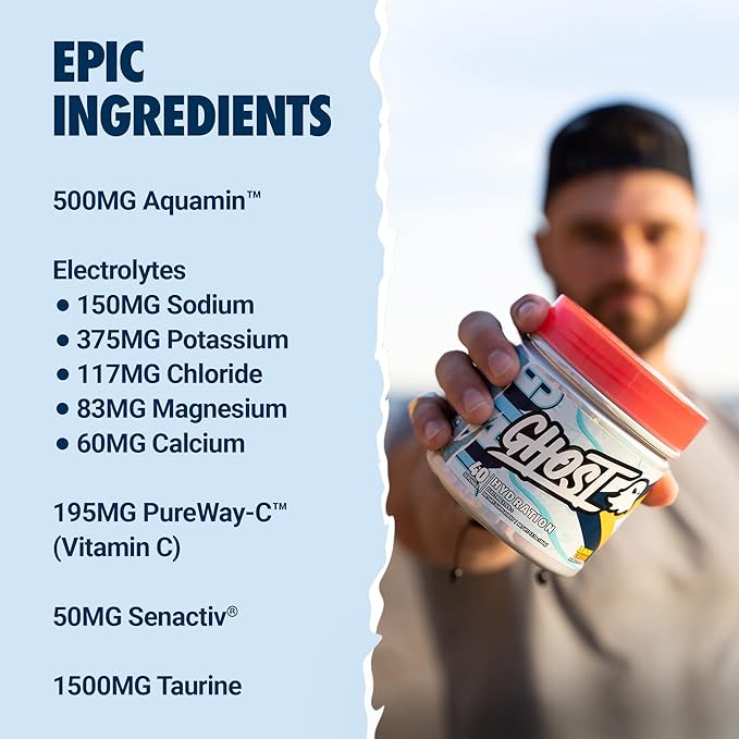GHOST Hydration, Lemon Crush, 40 Serv, Electrolyte Powder - Drink Mix Supplement with Magnesium, Potassium, Calcium, Vitamin C & Taurine for Energy & Endurance - Vegan, Free of Soy, Sugar & Gluten