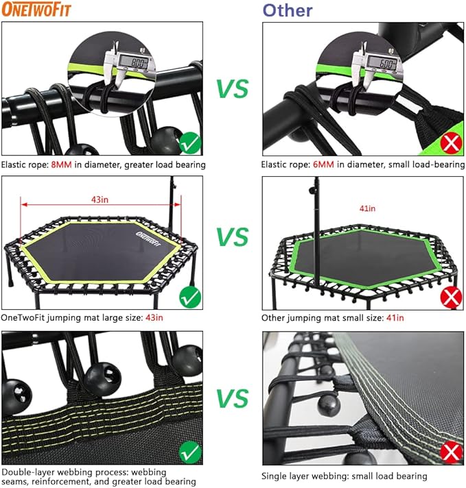 ONETWOFIT 48" Silent Mini Trampoline with Adjustable Handle Bar Fitness Trampoline Bungee Rebounder Jumping Cardio Trainer Workout for Adults