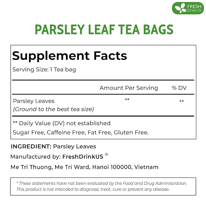 FreshDrinkUS, Premium 35 Parsley Leaf Tea Bags, 100% Natural & Pure from Parsley Leaves. Loose Leaf Parsley Herbal Tea. Made with Natural Material Tea Bags. No Sugar, No Caffeine, No Gluten, Vegan.